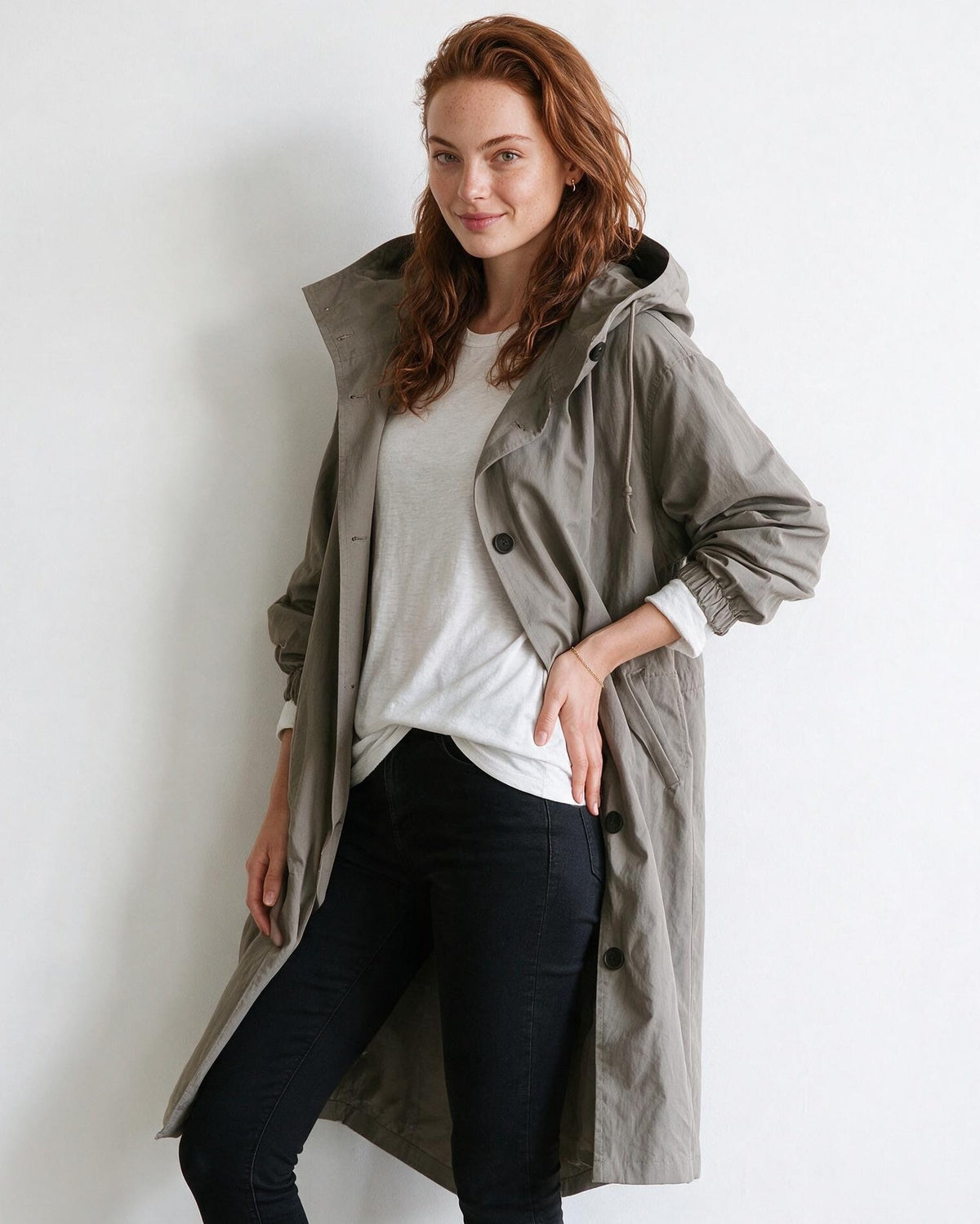 Cotton Hooded Button-Front Longline Coat