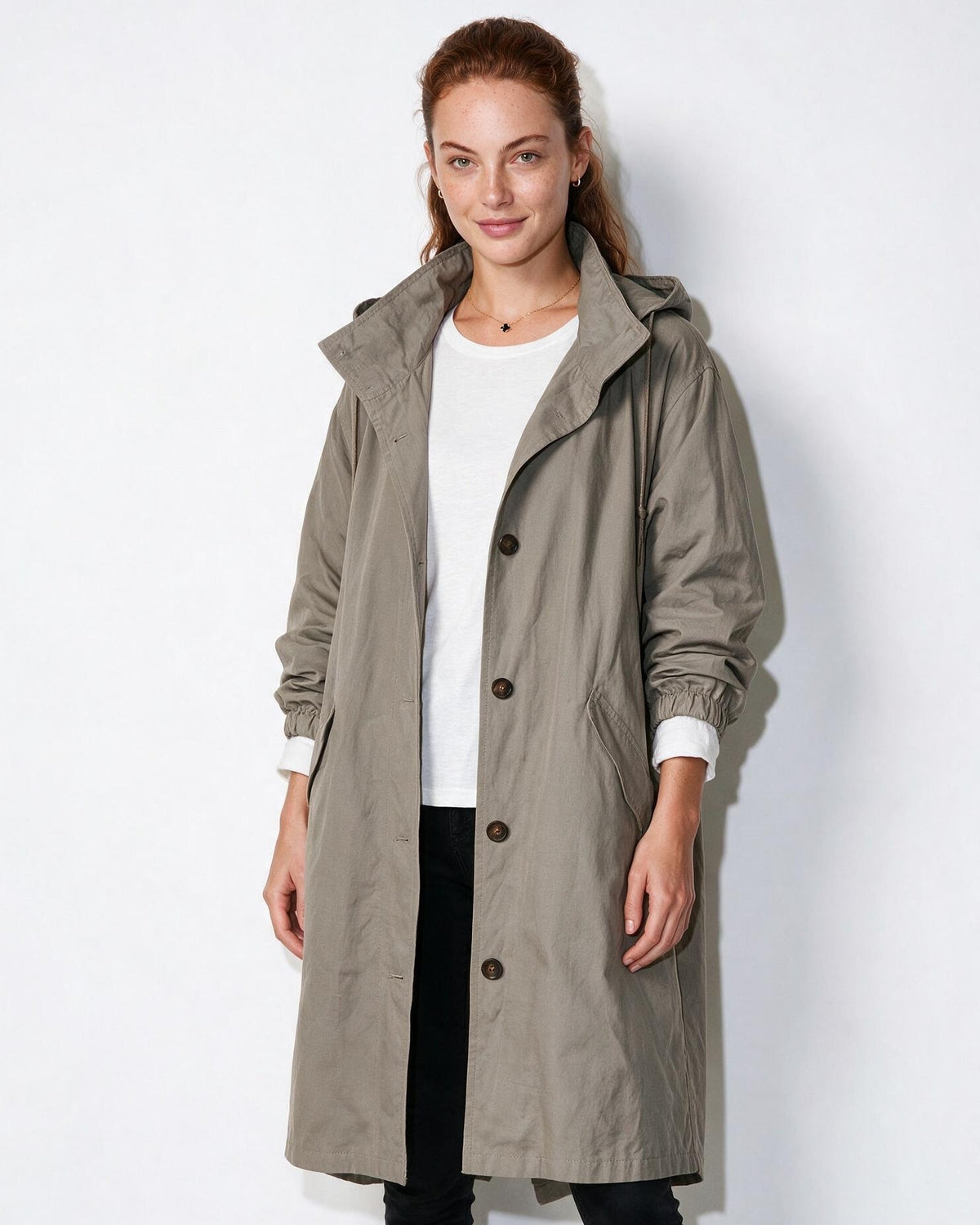 Cotton Hooded Button-Front Longline Coat