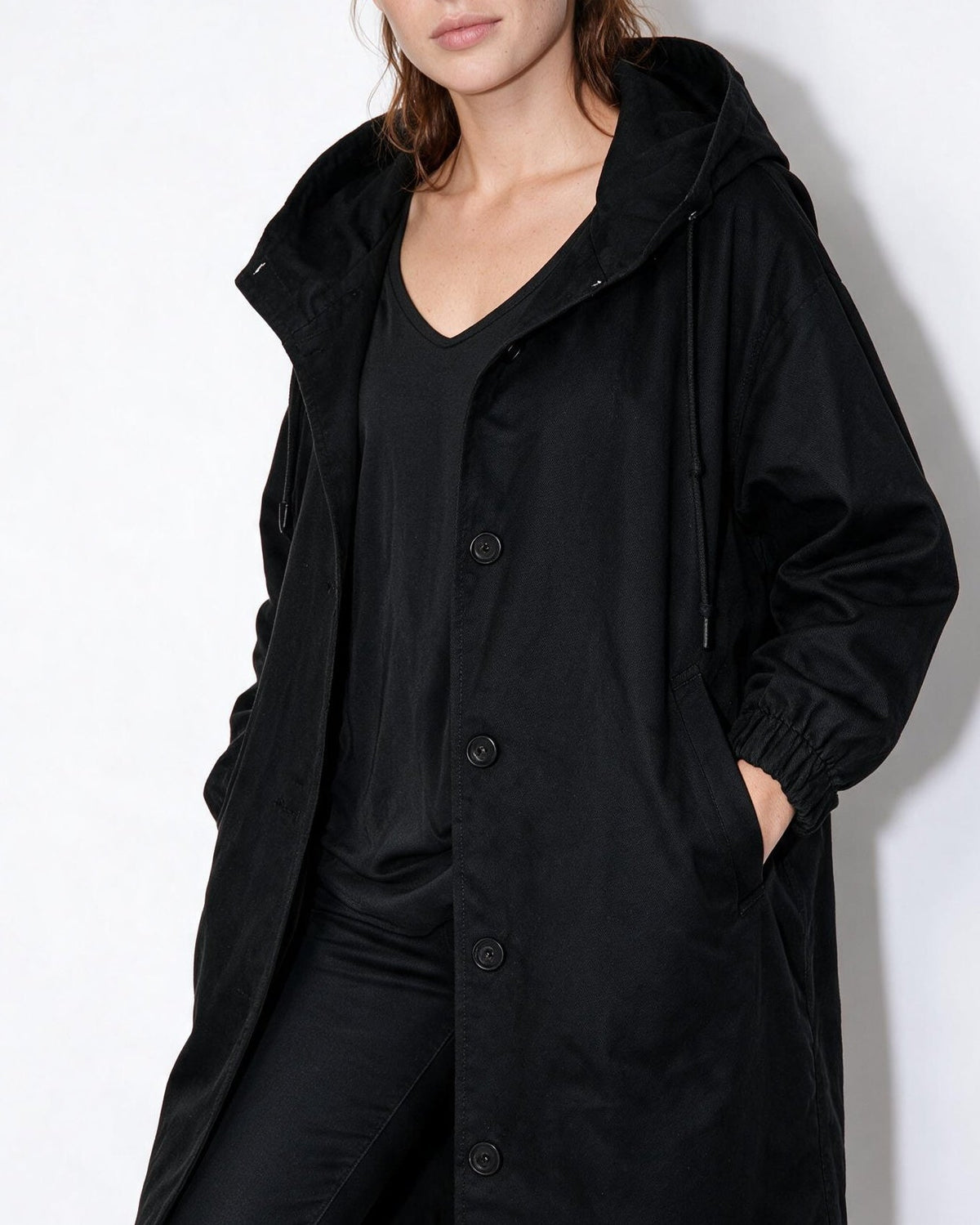 Cotton Hooded Button-Front Longline Coat