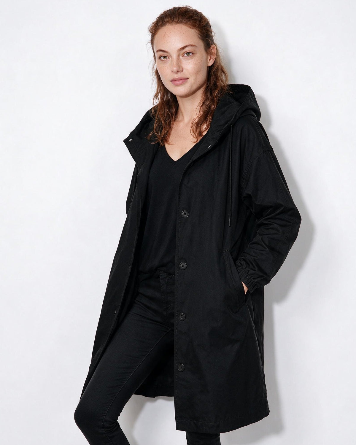Cotton Hooded Button-Front Longline Coat