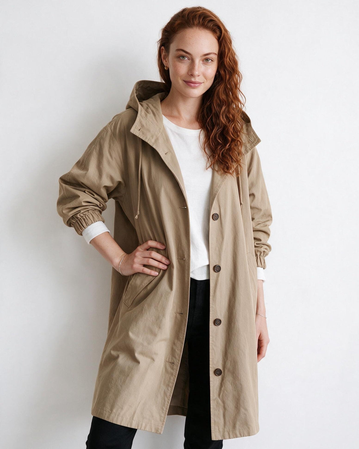 Cotton Hooded Button-Front Longline Coat