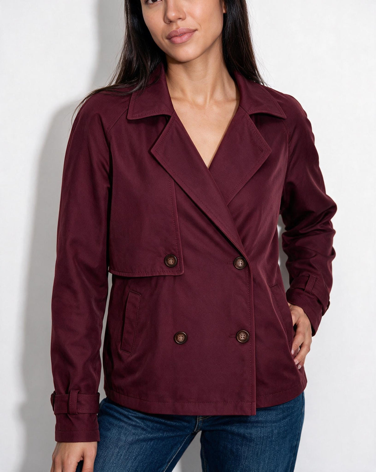 Notch-Collar Double-Breasted Cropped Trench Jacket