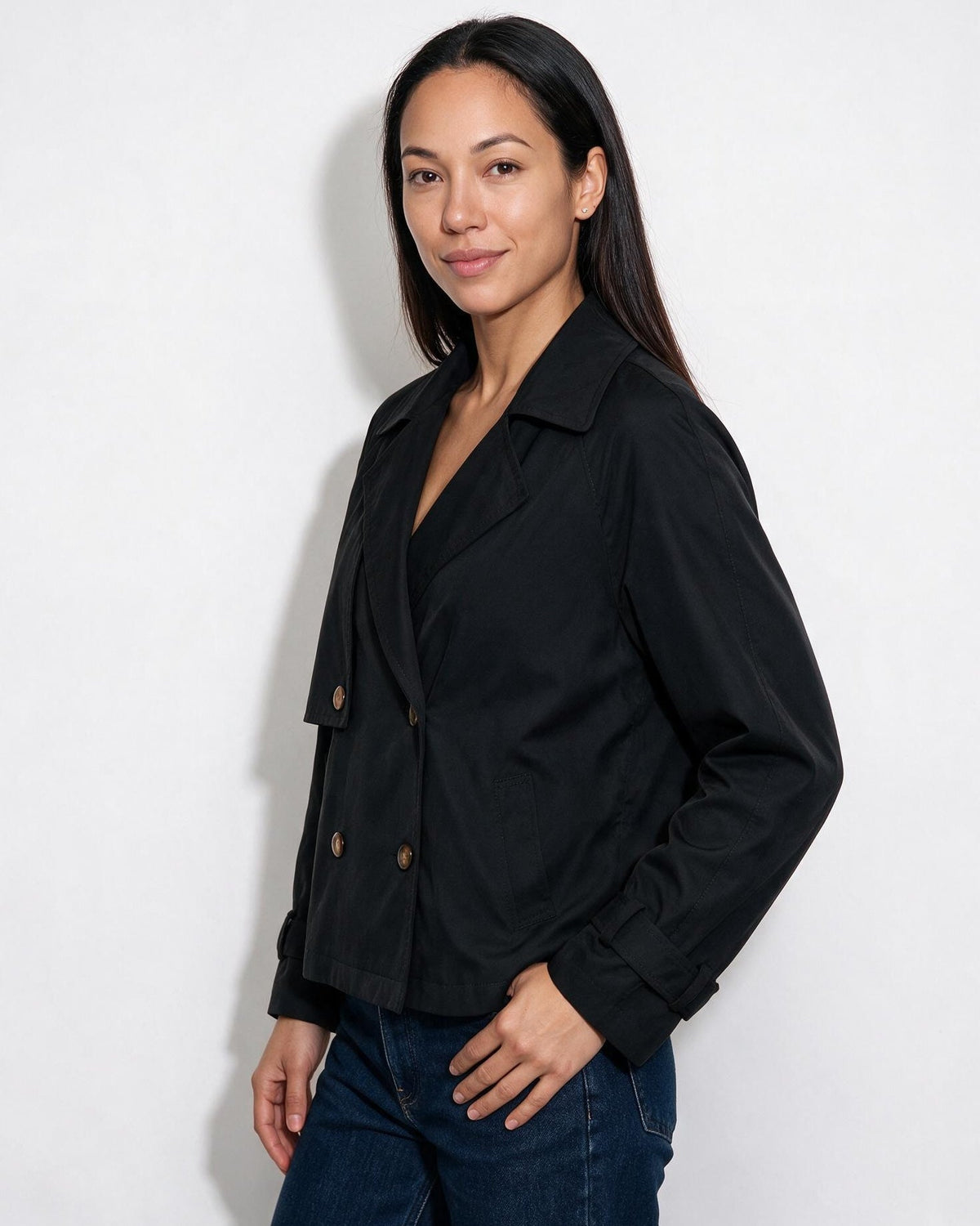 Notch-Collar Double-Breasted Cropped Trench Jacket
