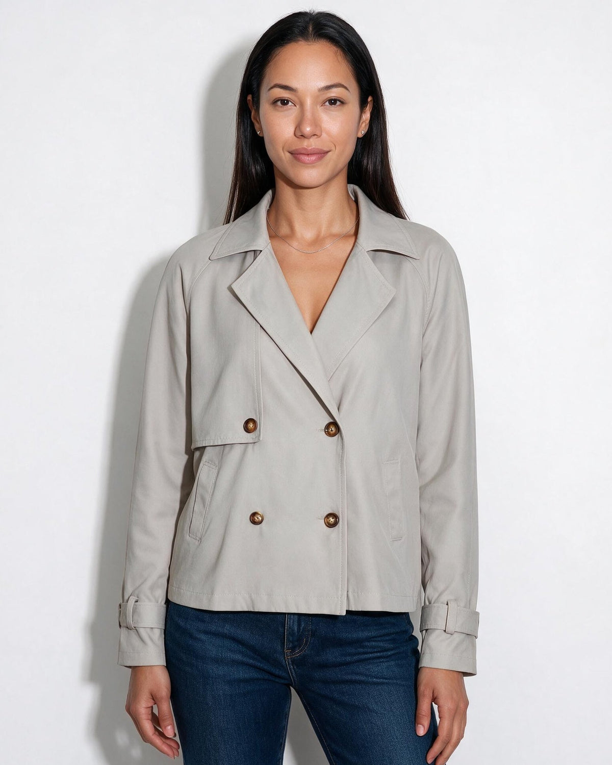 Notch-Collar Double-Breasted Cropped Trench Jacket