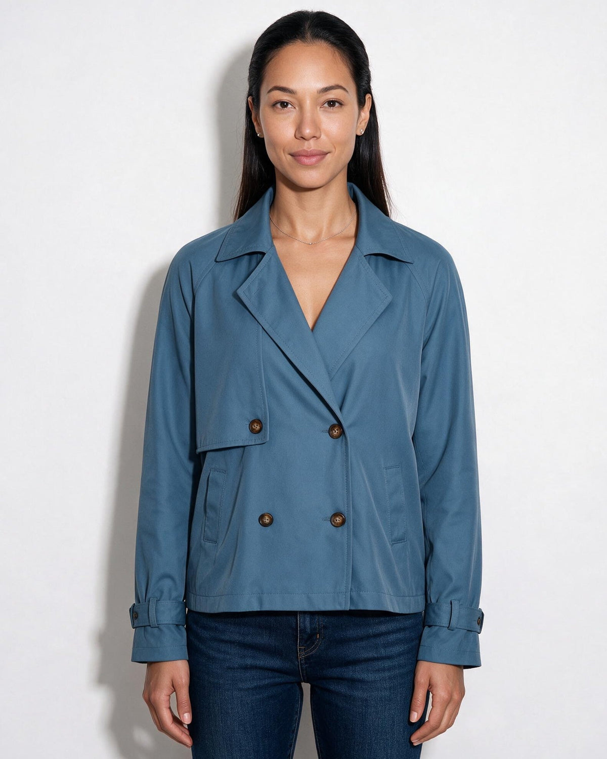 Notch-Collar Double-Breasted Cropped Trench Jacket
