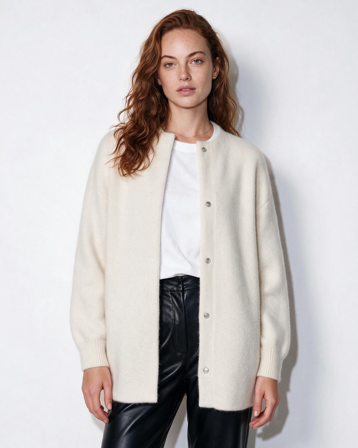 Brushed Collarless Button-Front Cardigan