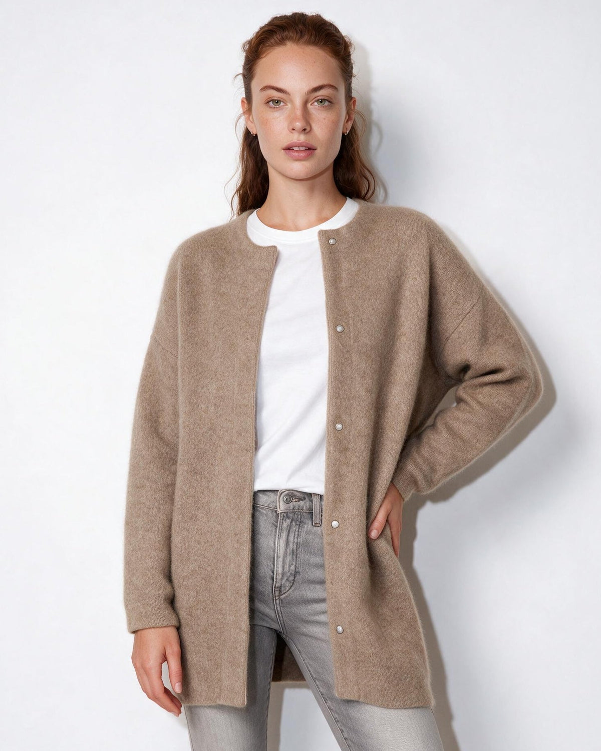 Brushed Collarless Button-Front Cardigan