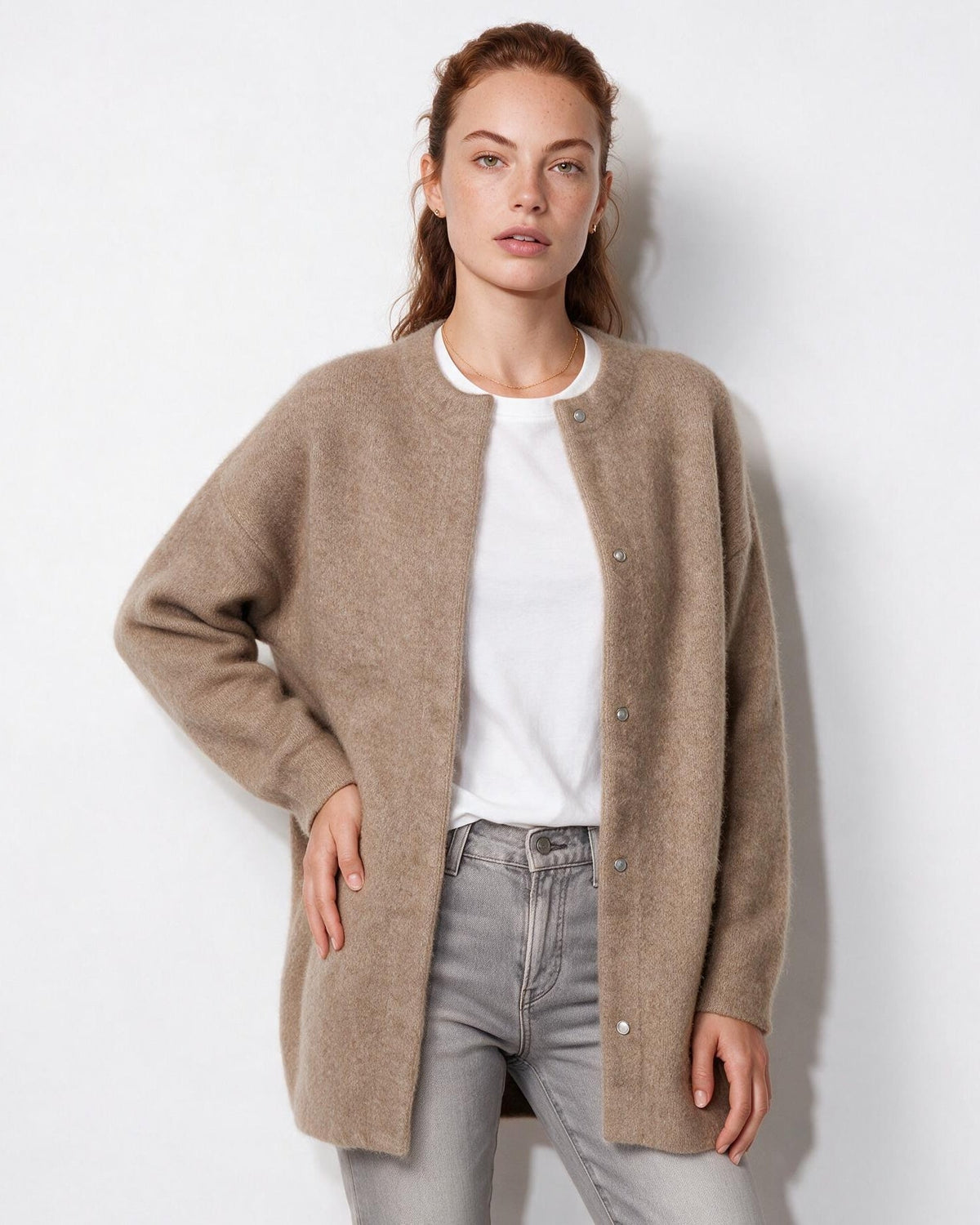 Brushed Collarless Button-Front Cardigan