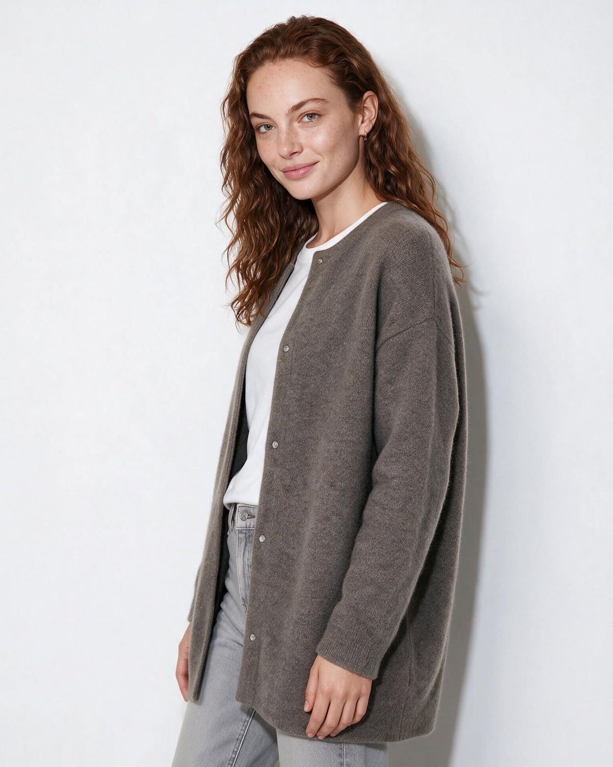 Brushed Collarless Button-Front Cardigan