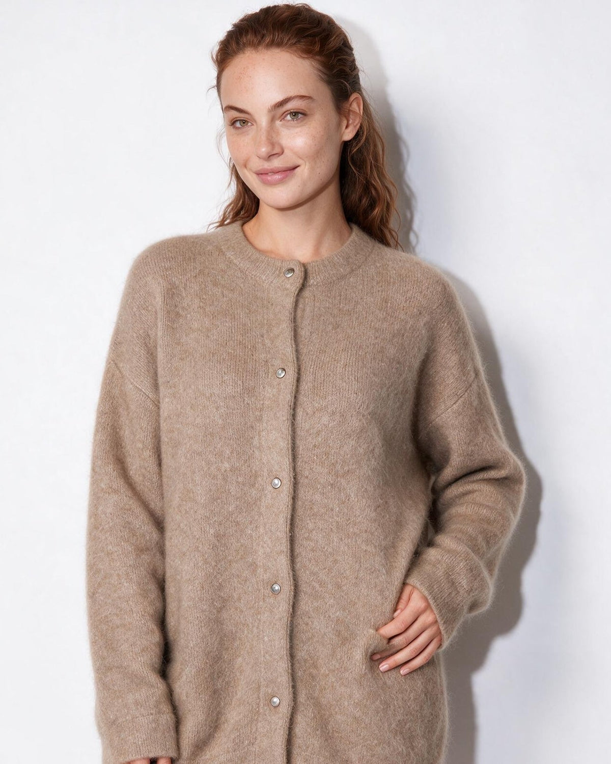 Brushed Collarless Button-Front Cardigan