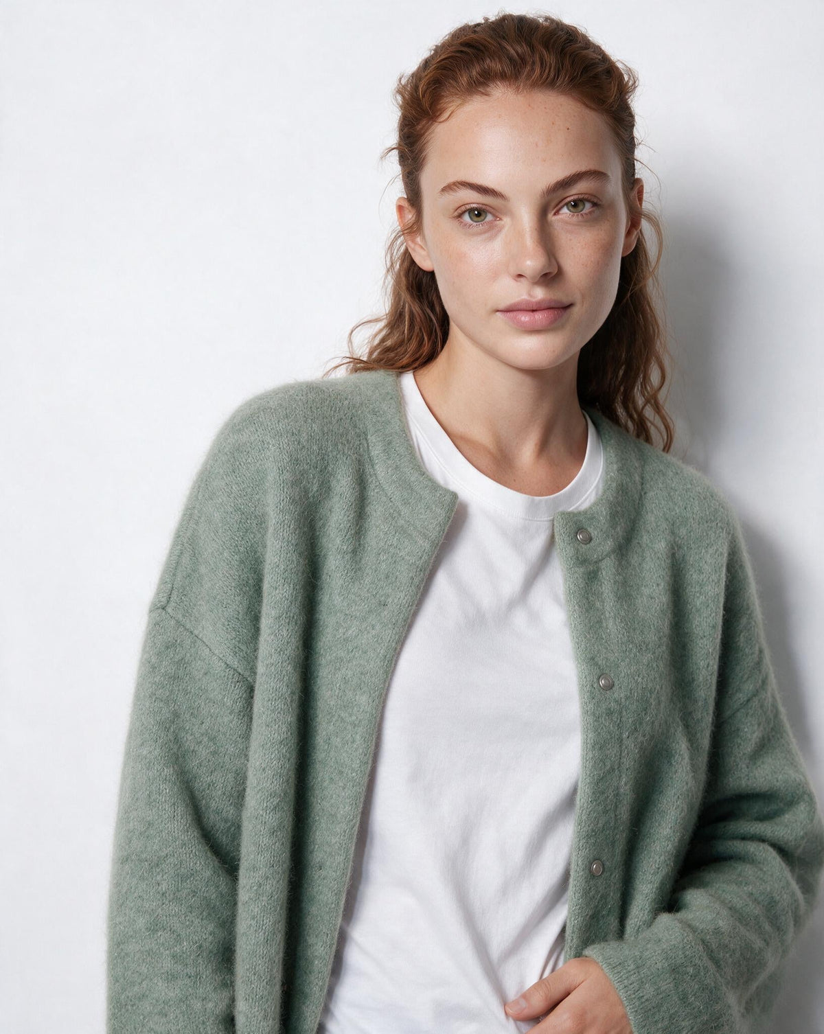Brushed Collarless Button-Front Cardigan
