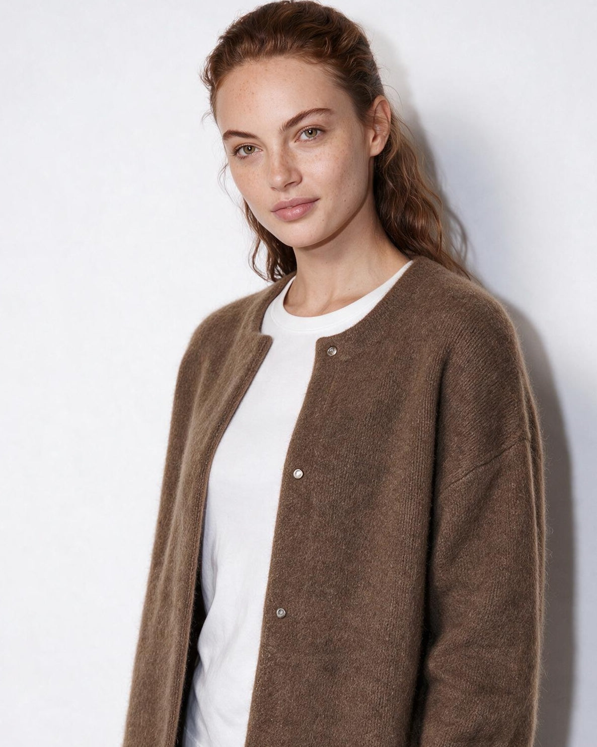 Brushed Collarless Button-Front Cardigan