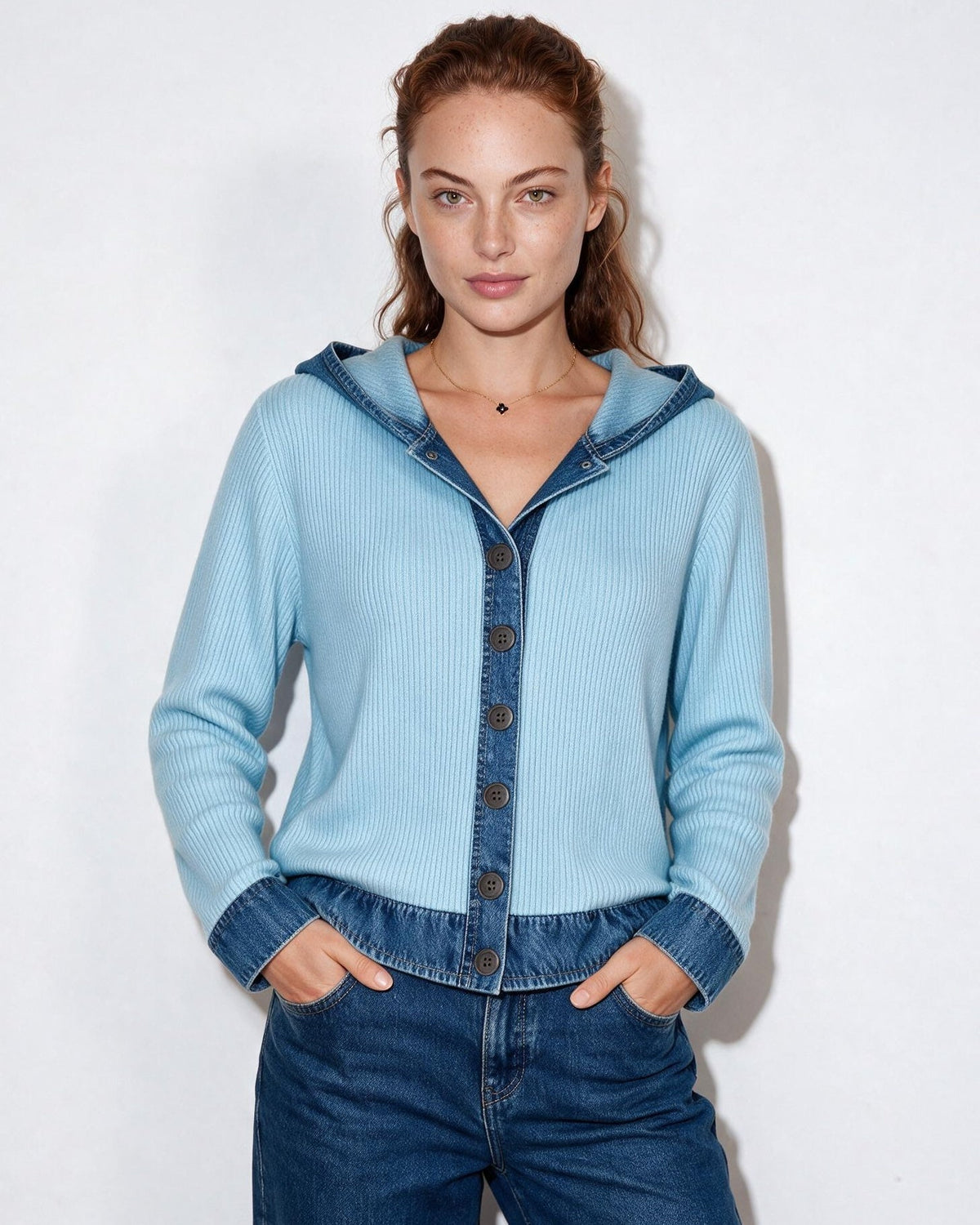 Hooded Button-Front Knit Cardigan
