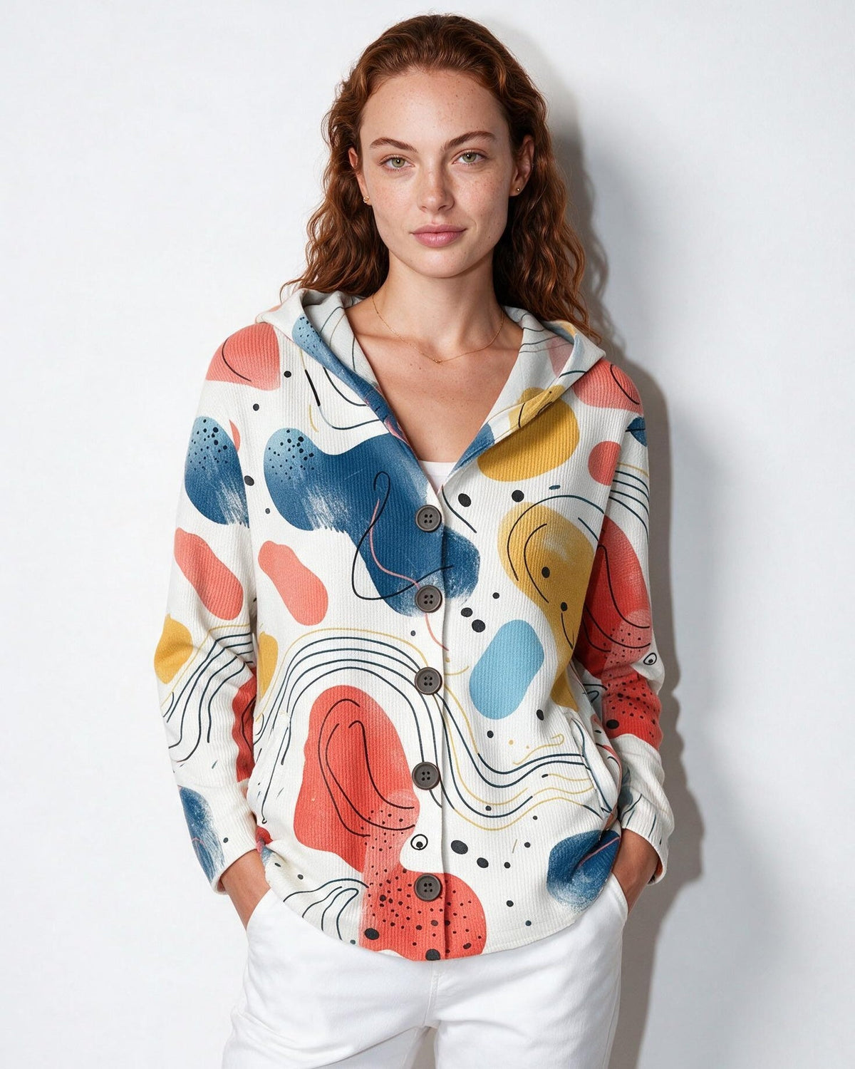 Hooded Button-Front Knit Cardigan
