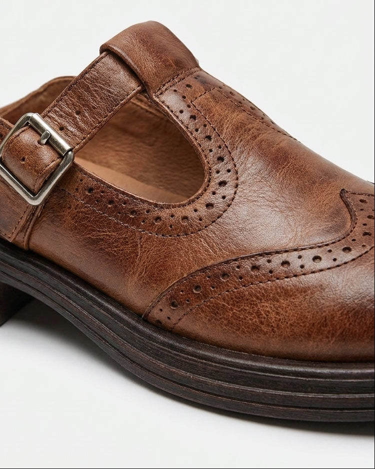 T-Bar Brogue Wingtip Leather Mary Jane Flats