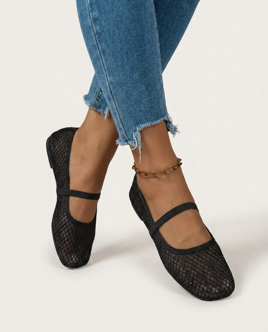 Open-Mesh Mary Jane Ballet Flats