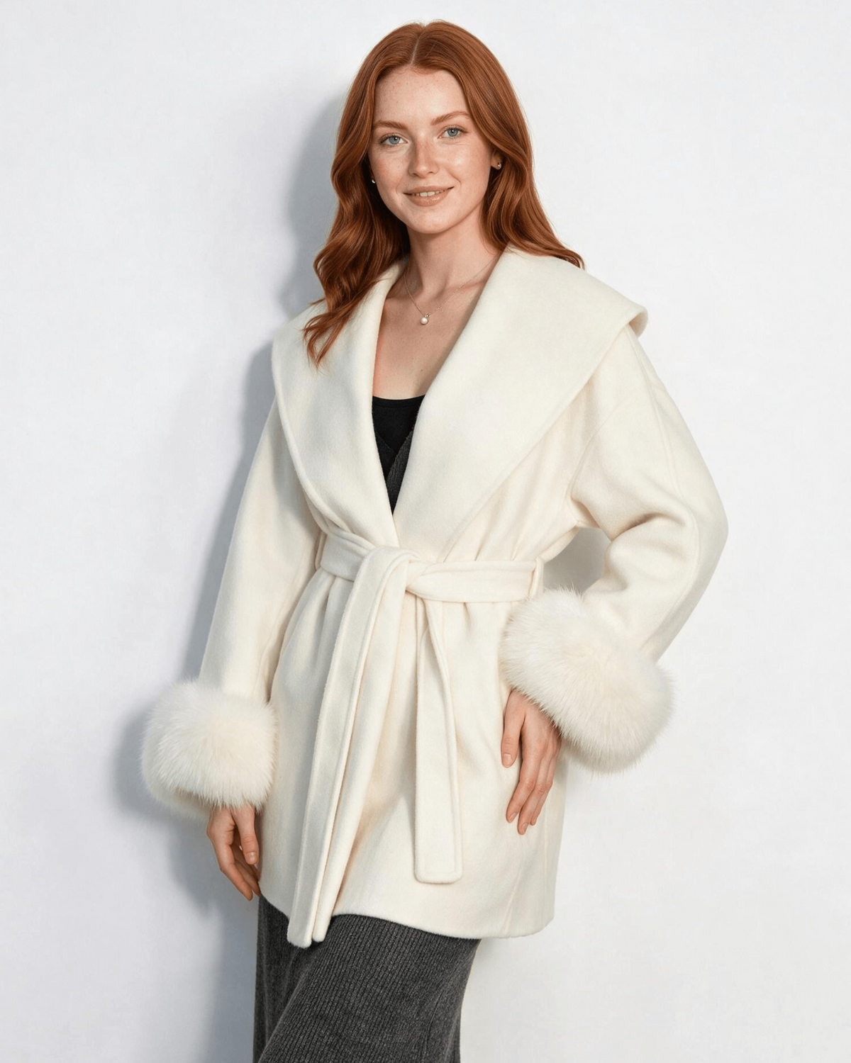 Wool Faux Fur Cuff Wrap Coat