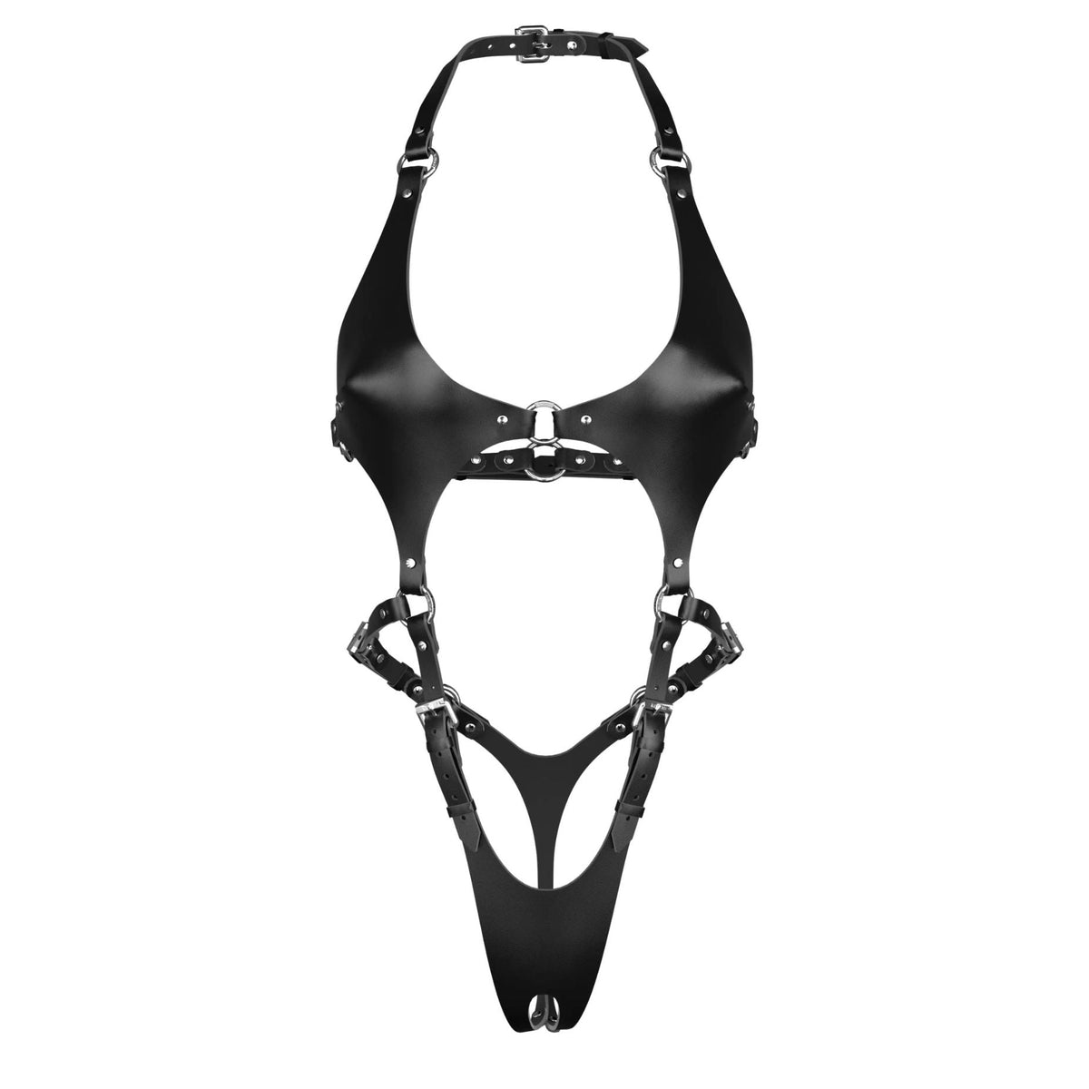 Faux Leather Harness Crotchless Bodysuit