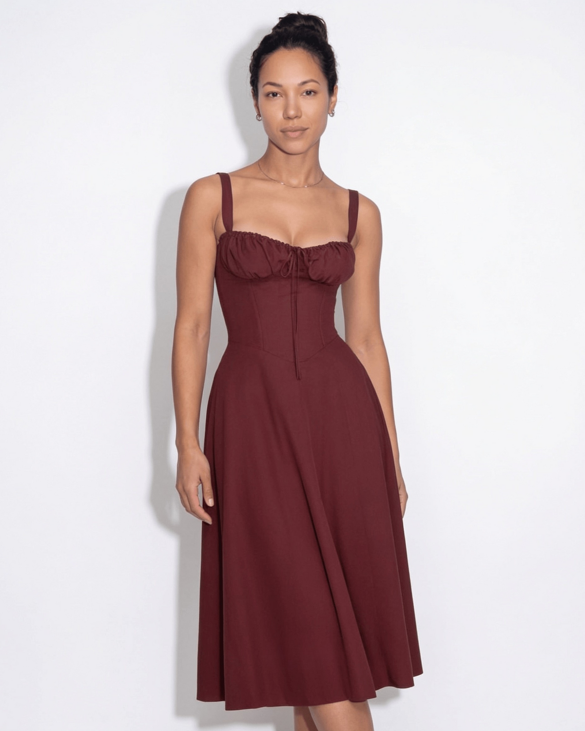 Ruched Tie-Front Corset Midi Dress