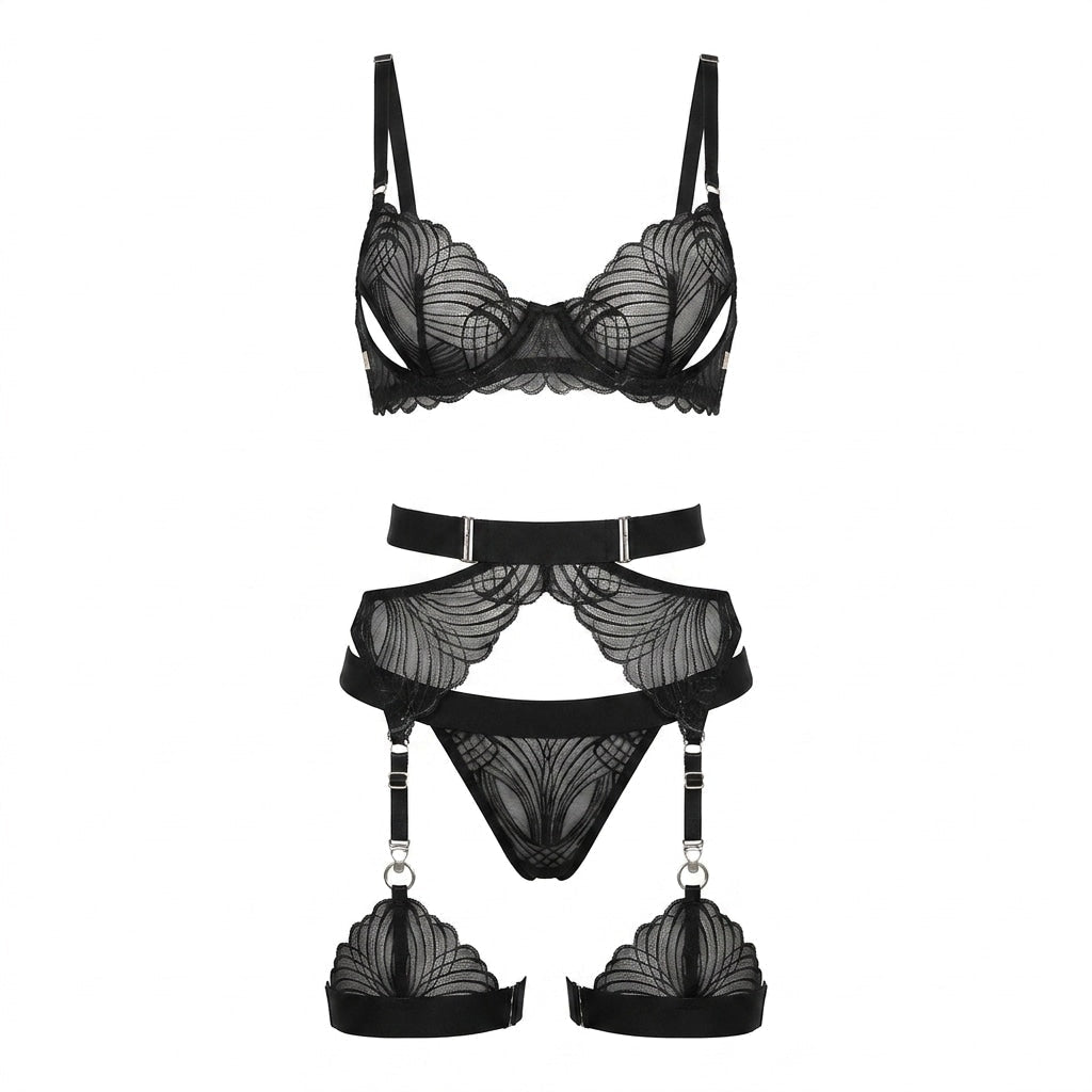 Art Deco Lace Crotchless Four Piece Lingerie Set