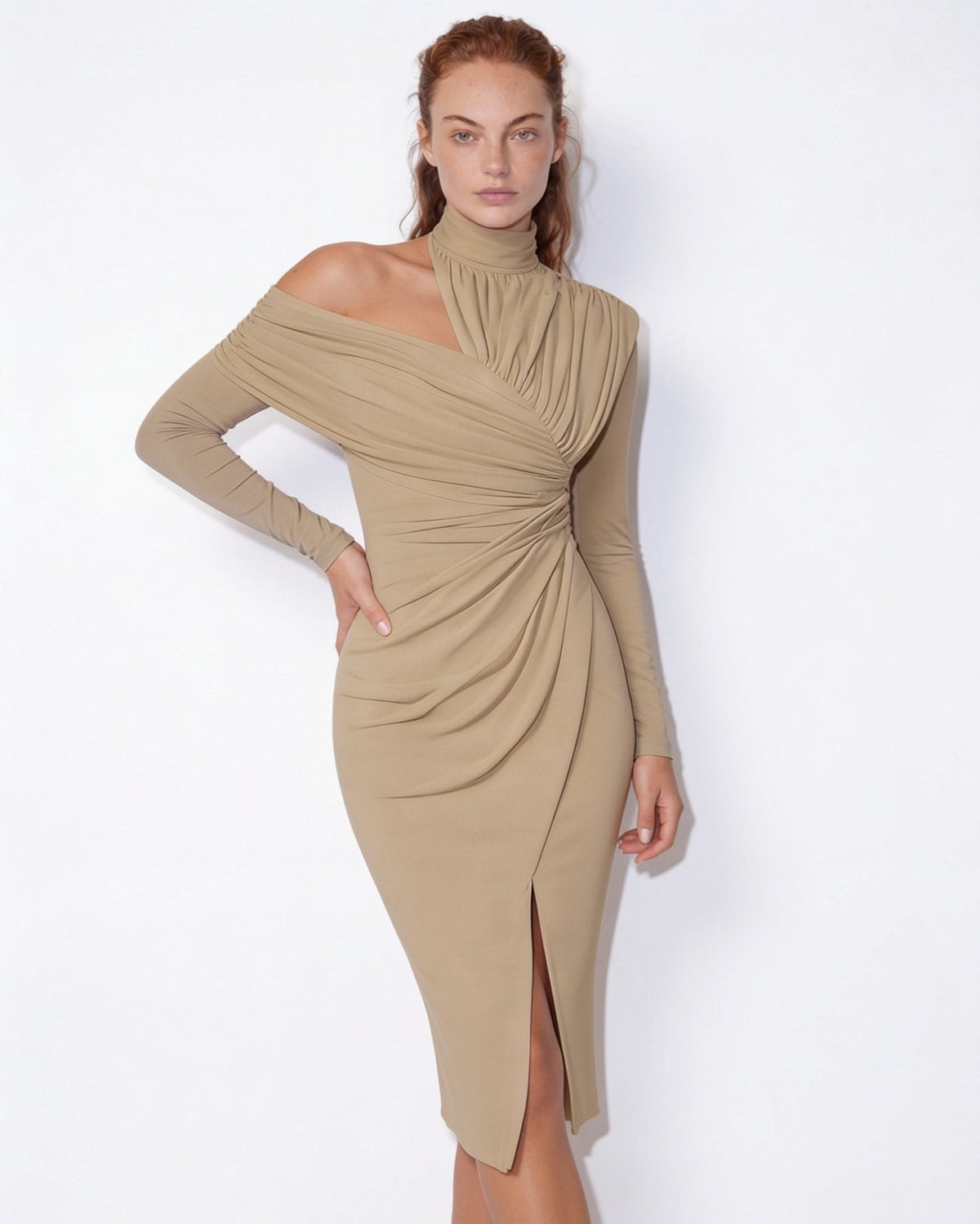 Asymmetric Draped Midi Dress