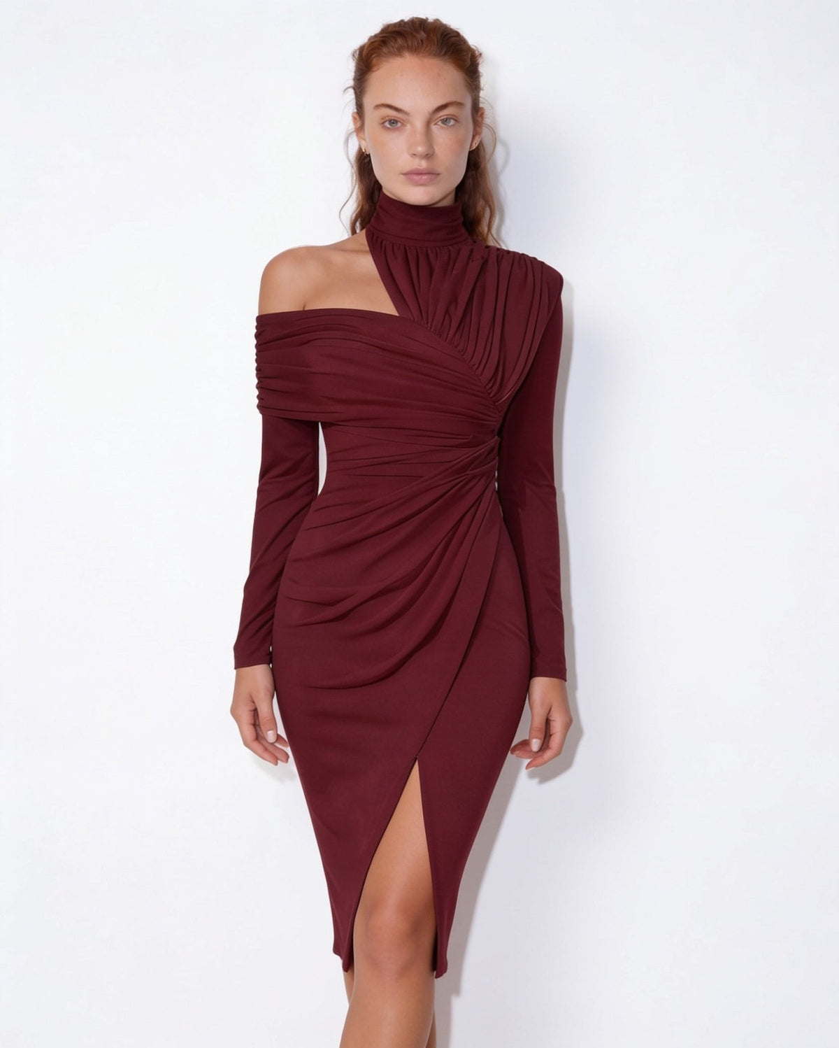 Asymmetric Draped Midi Dress