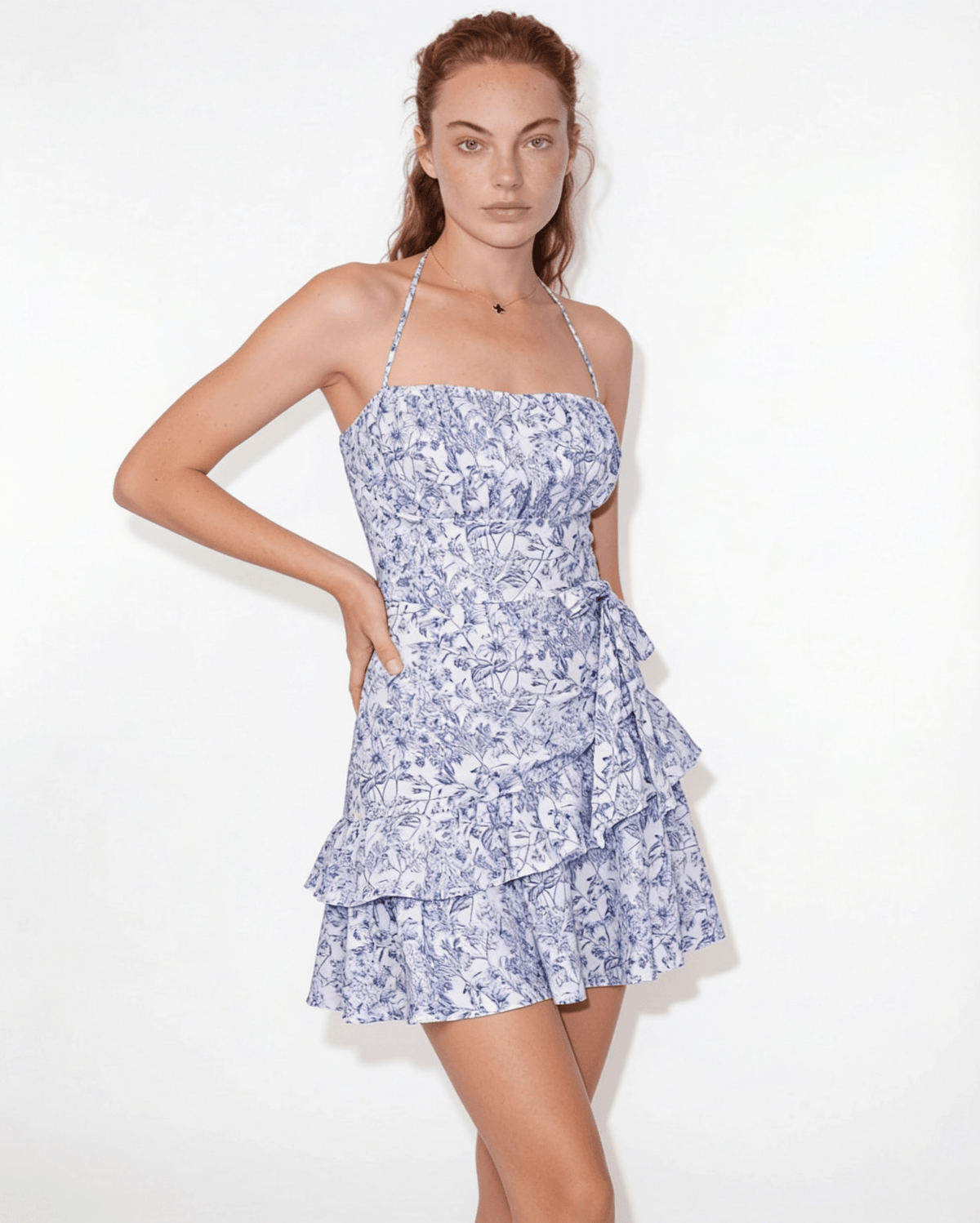Baroque Print Halter Ruffle Mini Dress