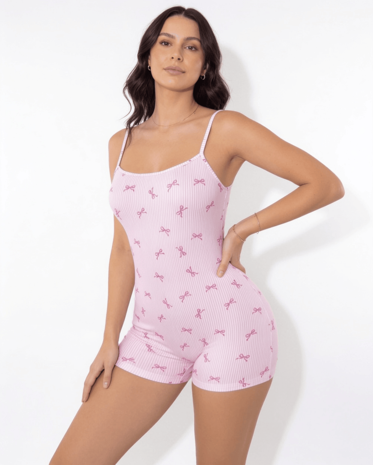 Bow Print Ribbed Sleep Romper