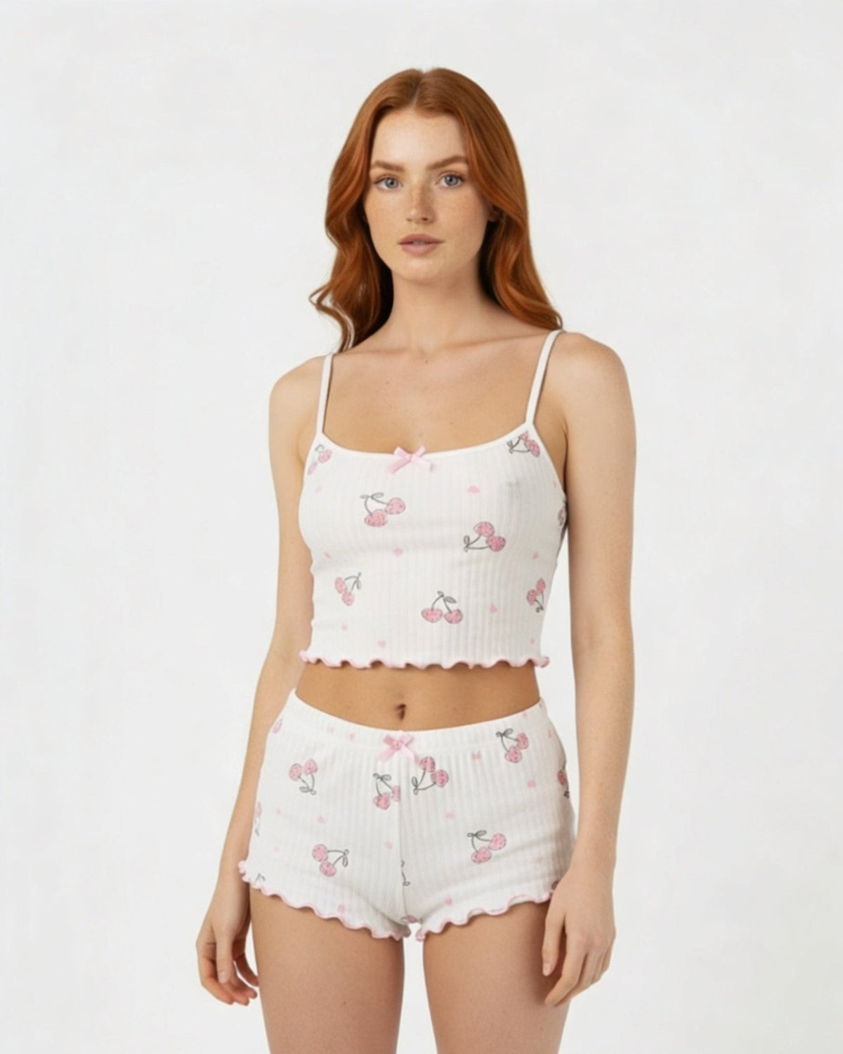 Cherry Print Ribbed Cami Pyjama Set