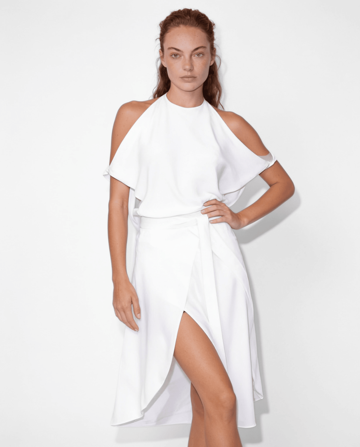 Cold-Shoulder Flutter-Sleeve Midi Dress