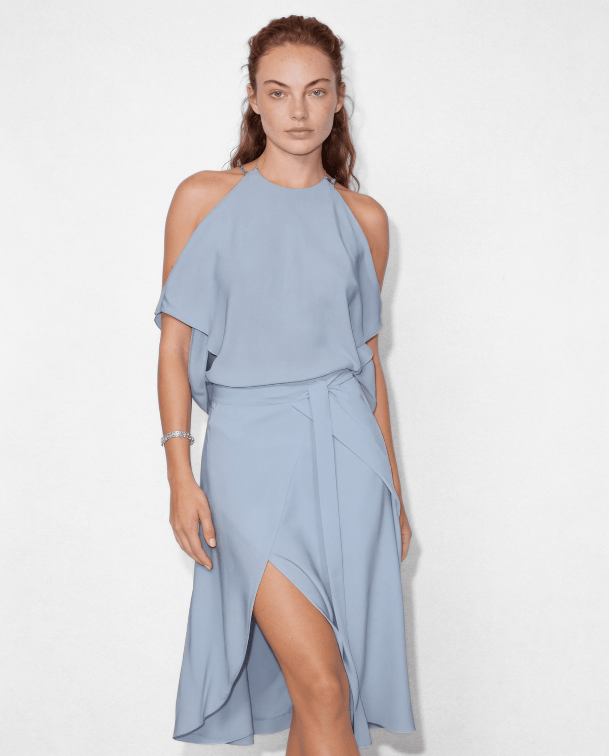 Cold-Shoulder Flutter-Sleeve Midi Dress