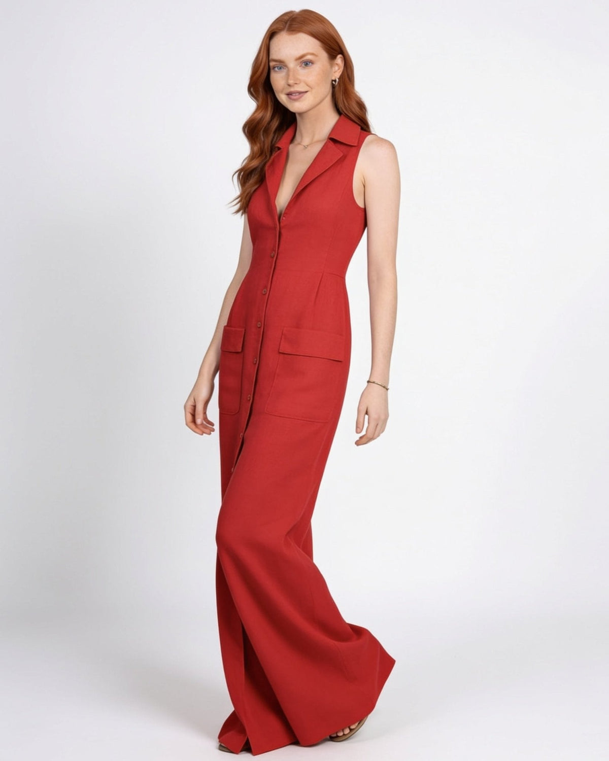 Collared Button-Front Maxi Dress
