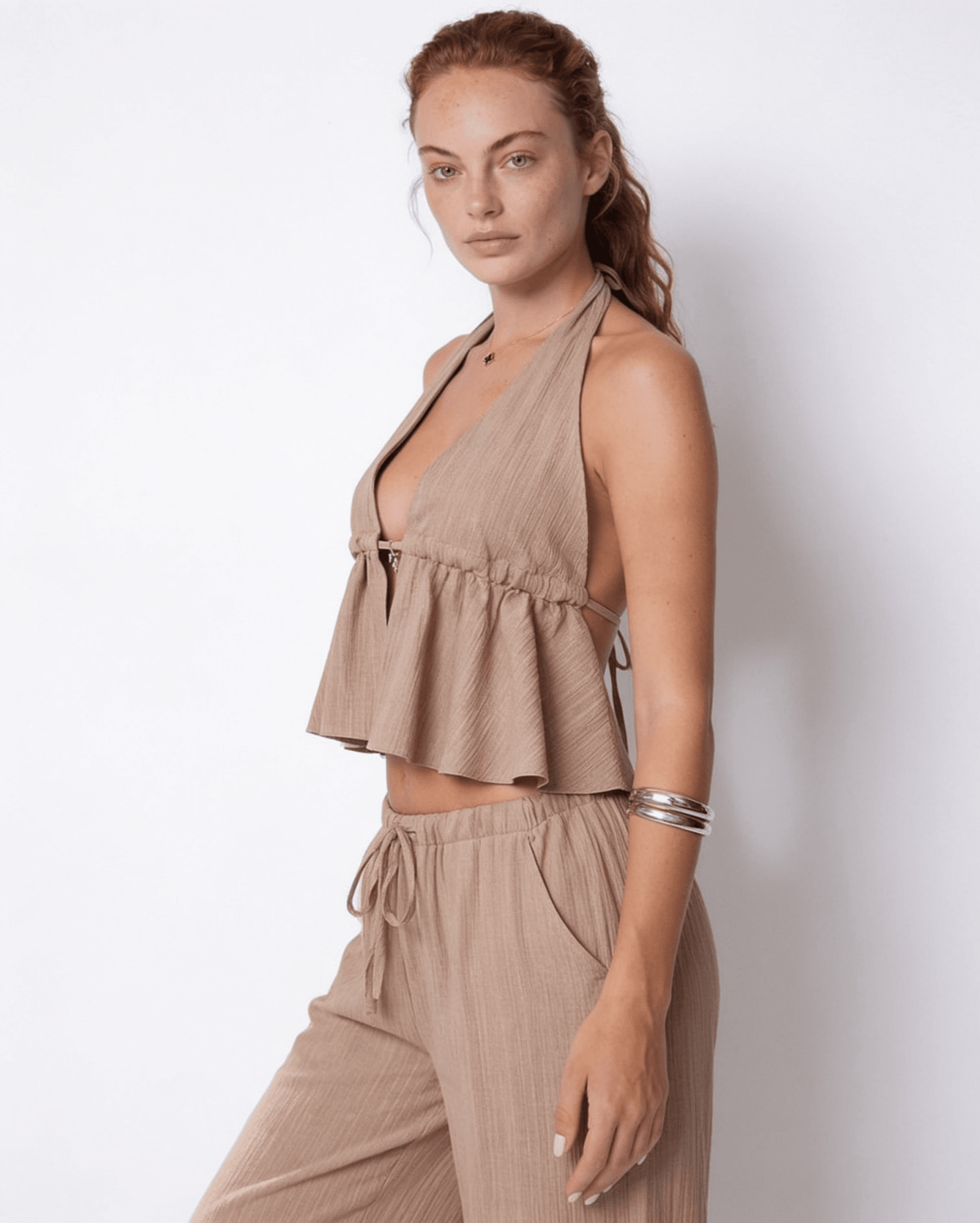 Crinkle Cotton Halter Peplum Co-ord