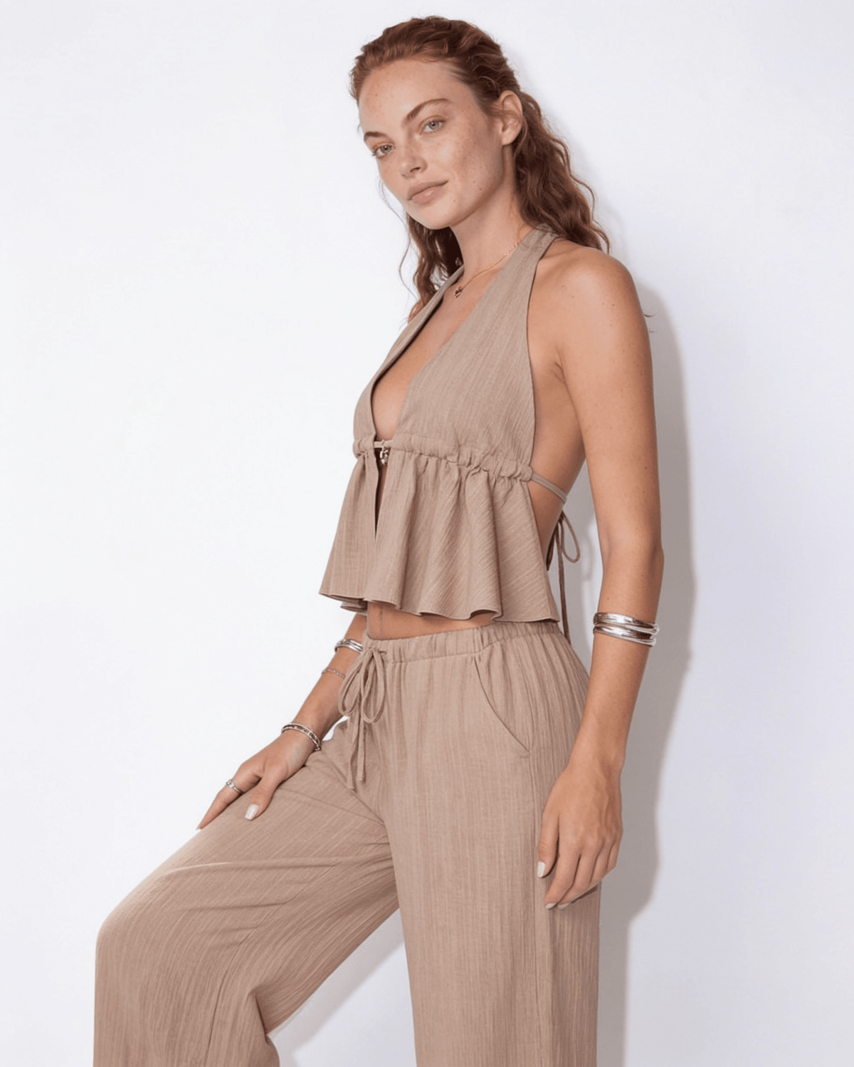 Crinkle Cotton Halter Peplum Co-ord