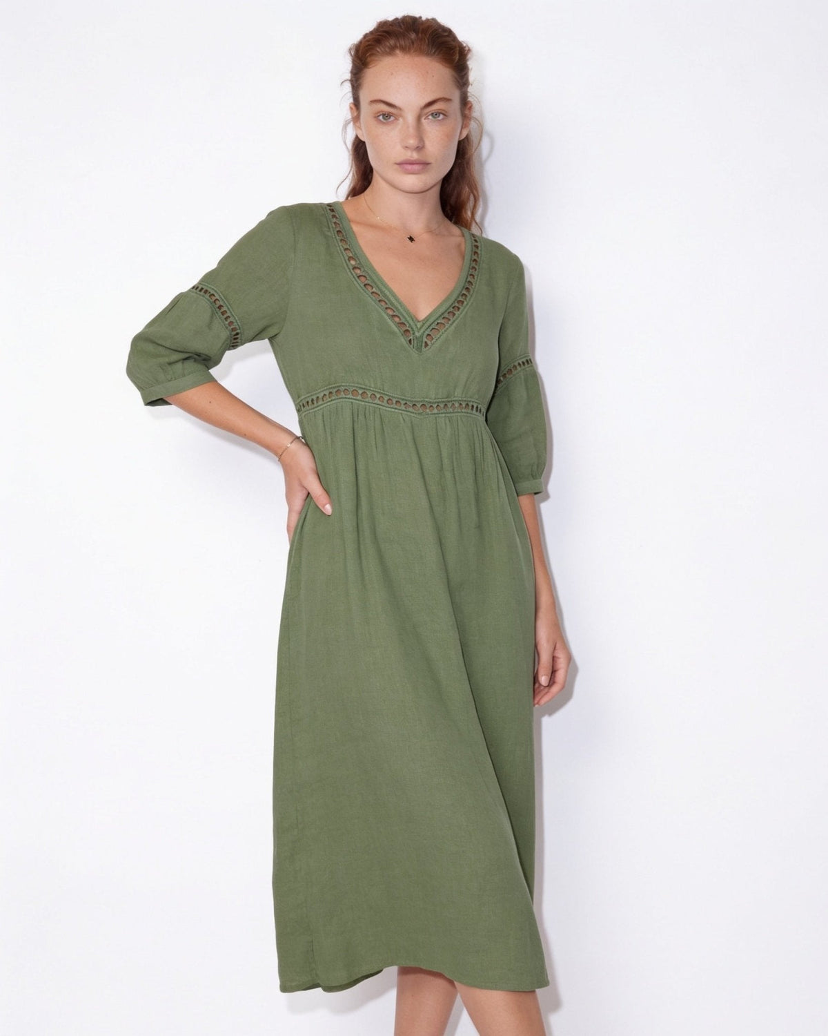Crochet Trim Linen Midi Dress