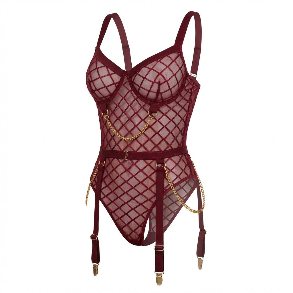 Diamond Mesh Underwire Bodysuit With Garter Straps