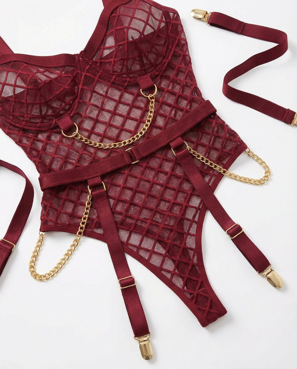 Diamond Mesh Underwire Bodysuit With Garter Straps
