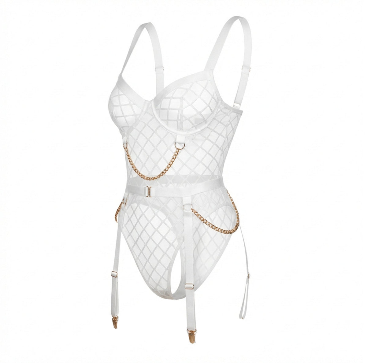 Diamond Mesh Underwire Bodysuit With Garter Straps