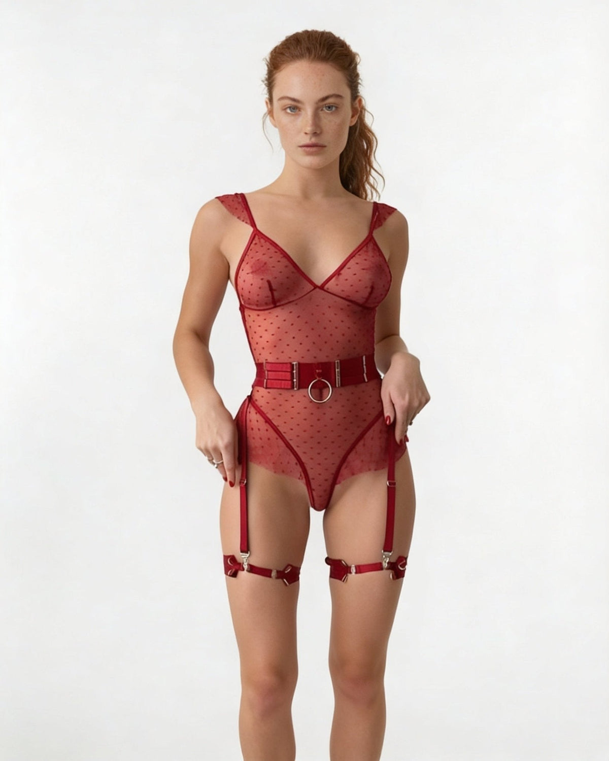 Dotted Mesh Bodysuit With Garter Belt Set