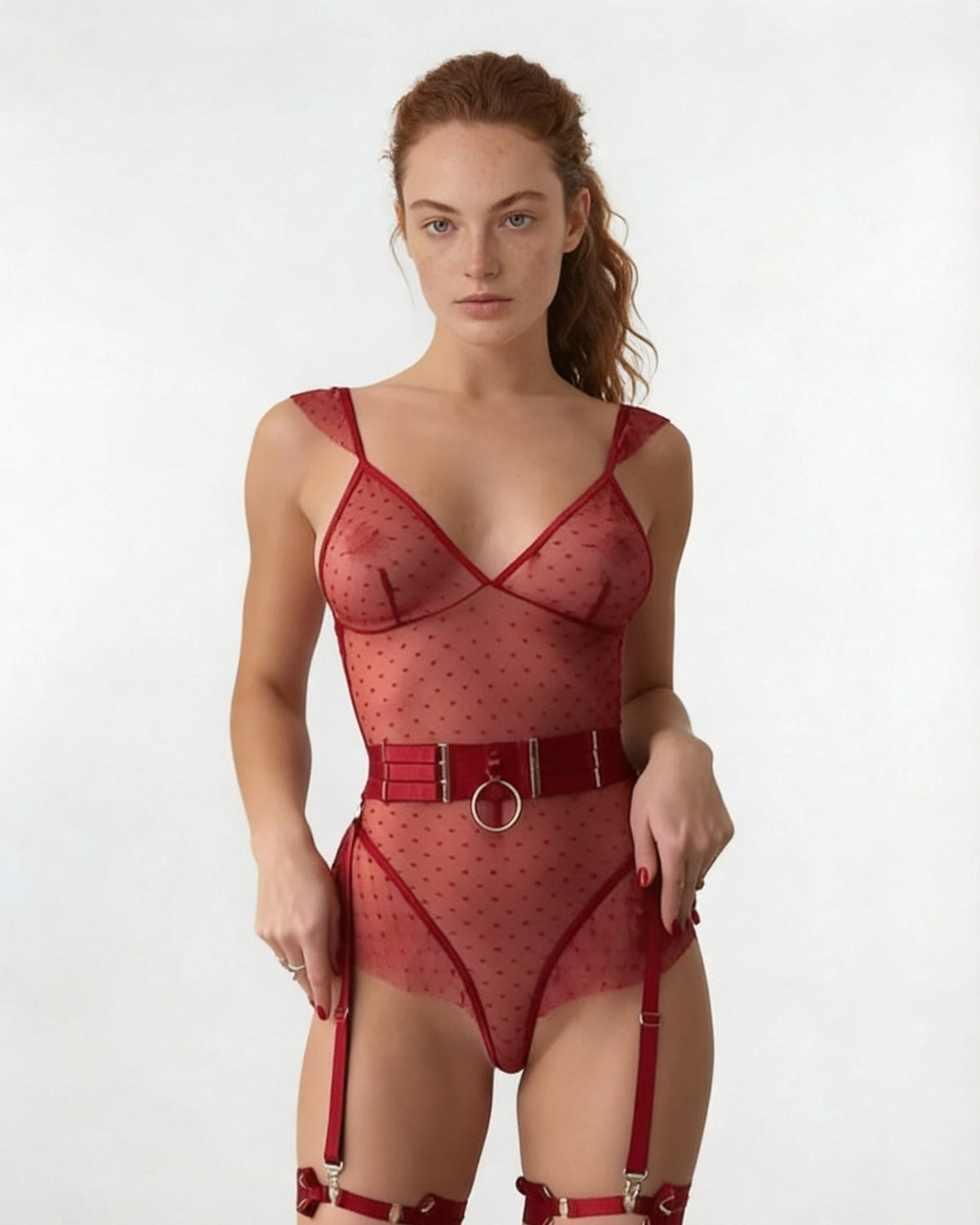 Dotted Mesh Bodysuit With Garter Belt Set
