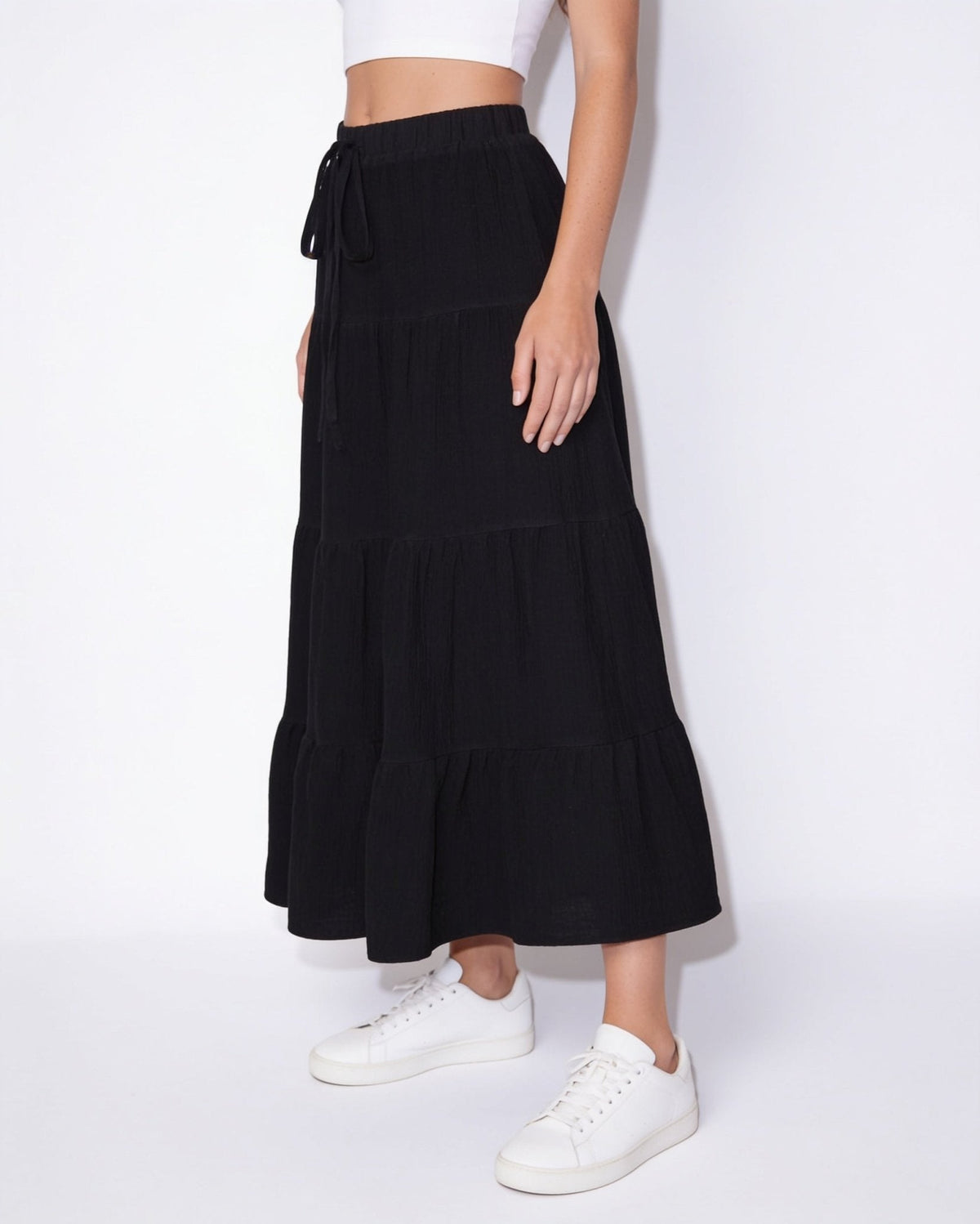 Drawstring Tiered Midi Skirt