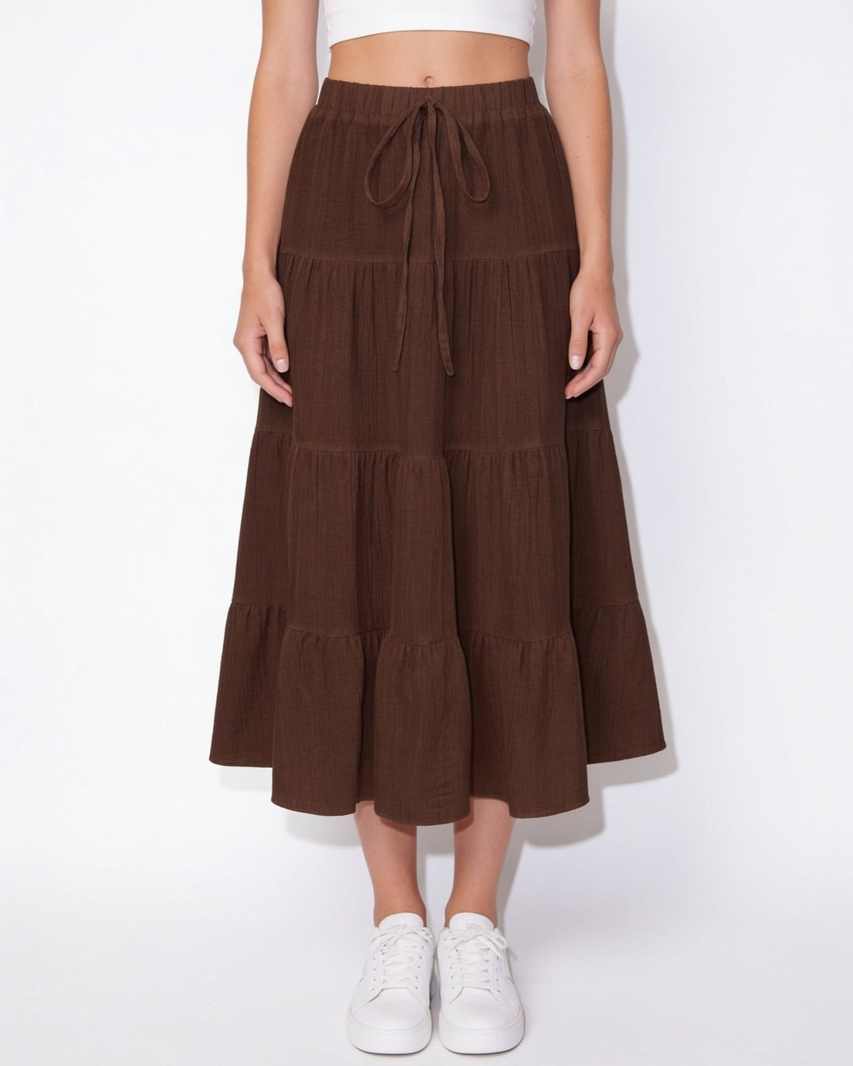 Drawstring Tiered Midi Skirt