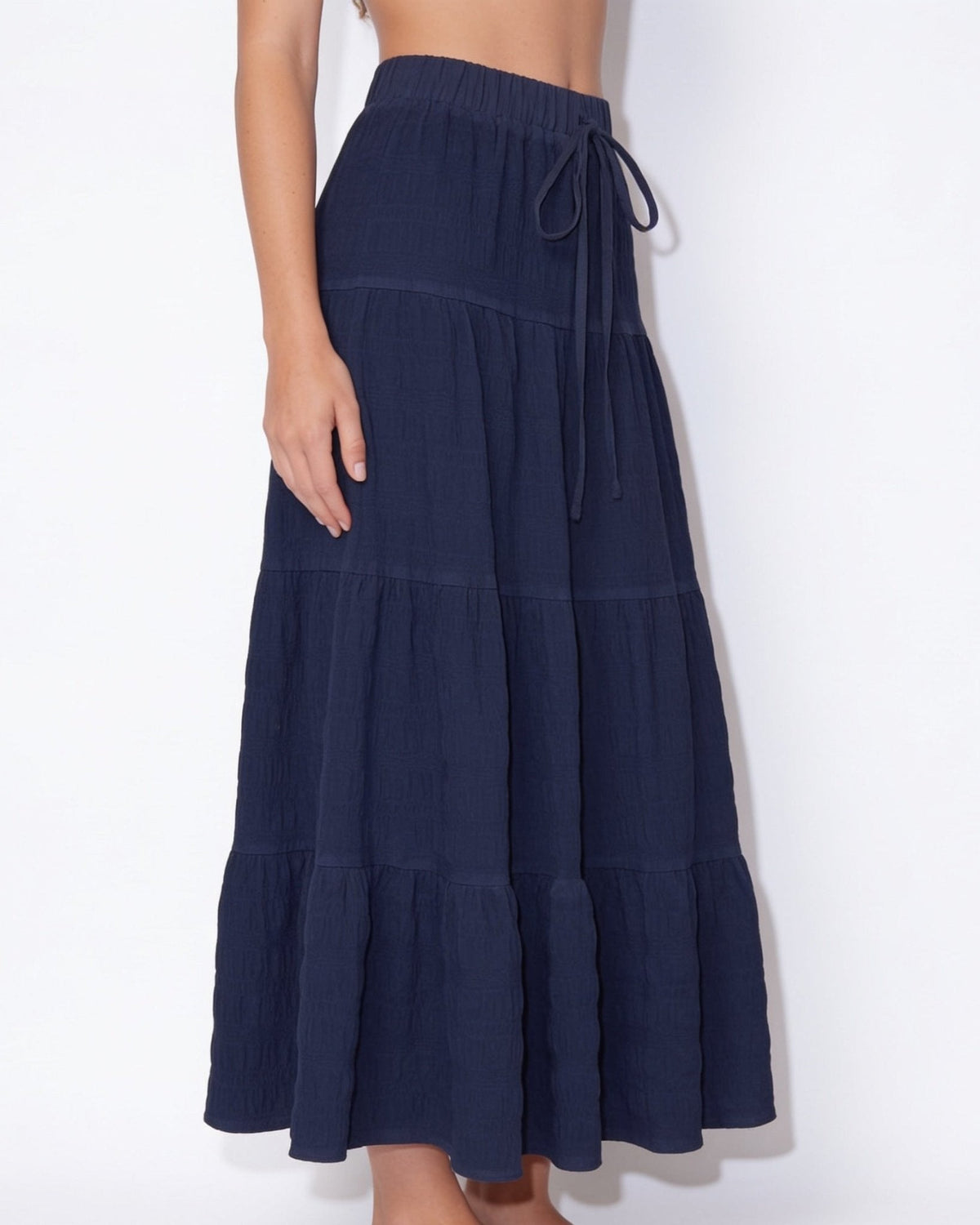 Drawstring Tiered Midi Skirt
