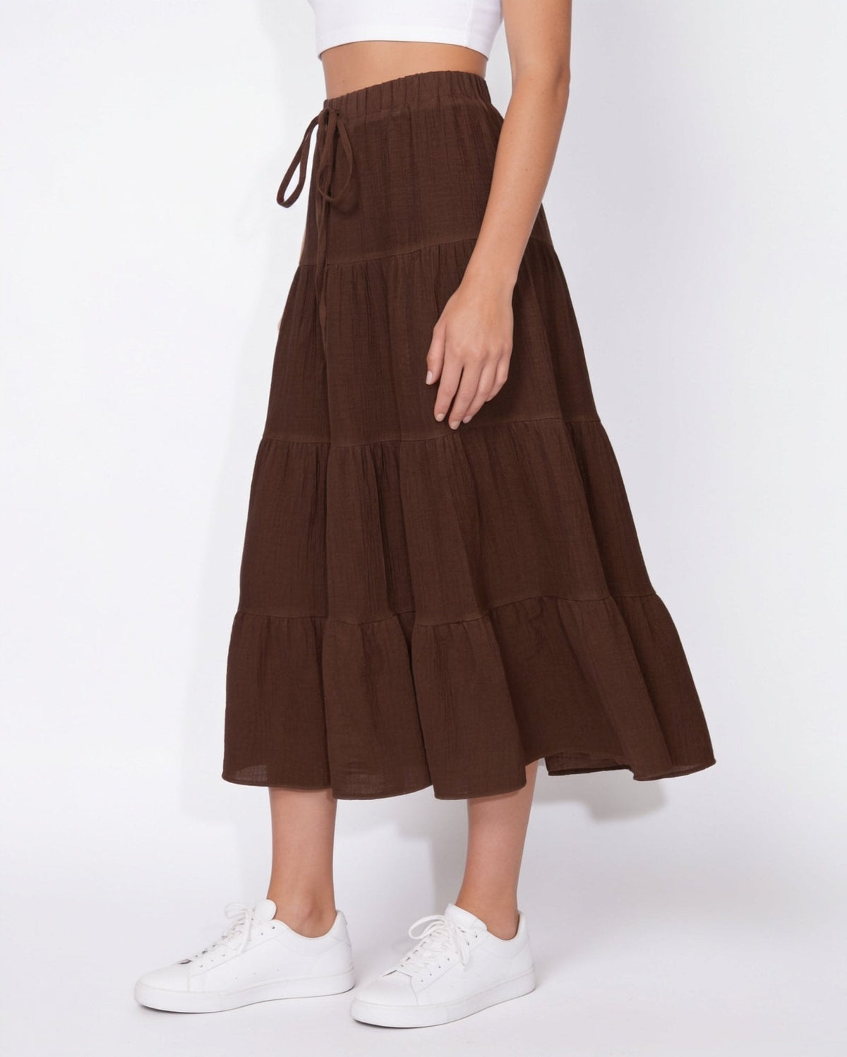 Drawstring Tiered Midi Skirt