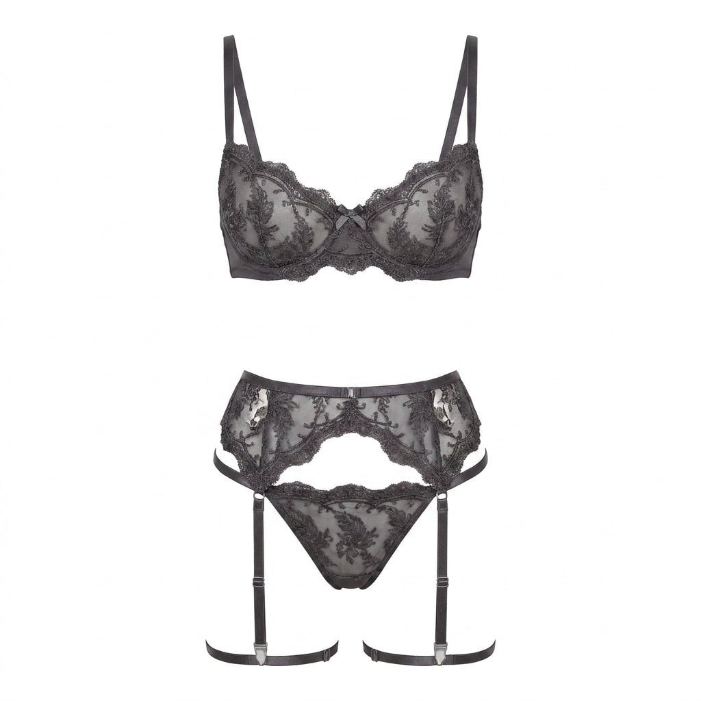 Embroidered Lace Bra Garter Belt Thong Set