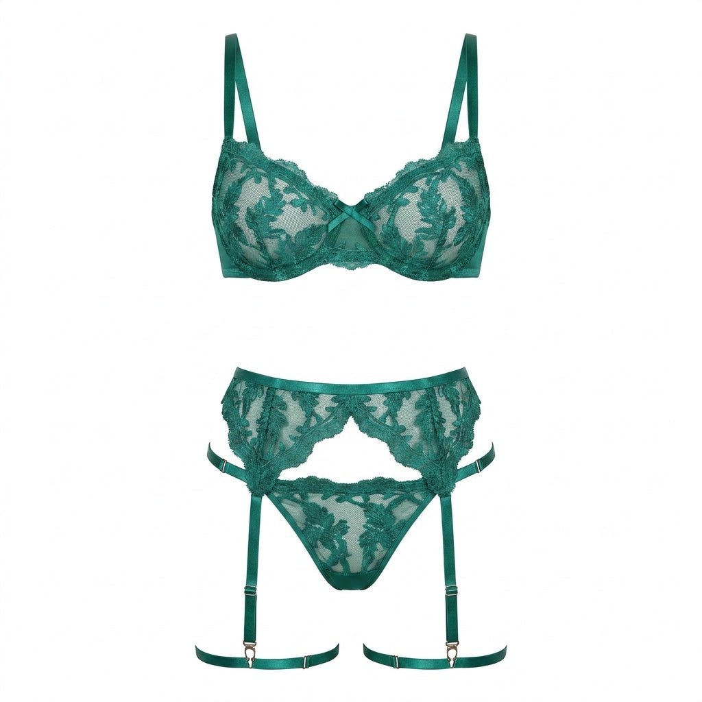Embroidered Lace Bra Garter Belt Thong Set