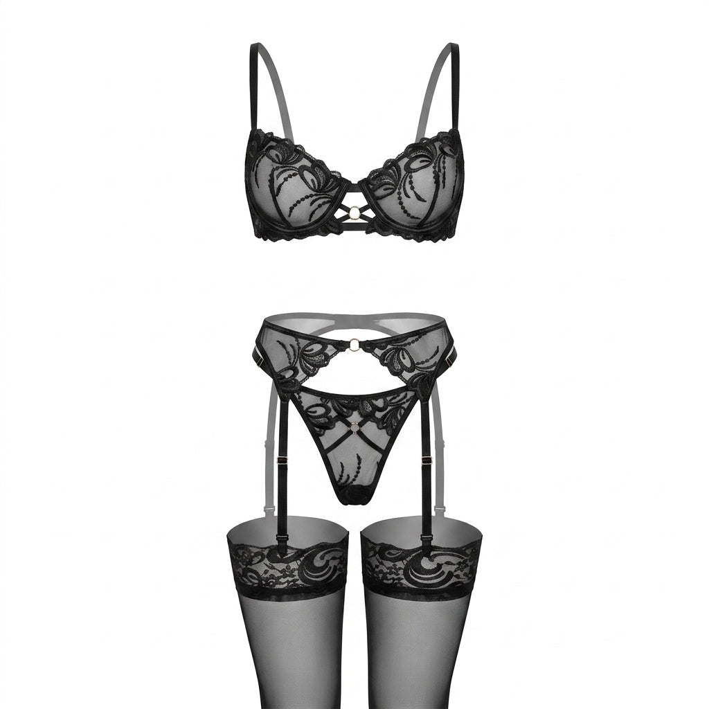 Embroidered Lace Underwired Four Piece Lingerie Set