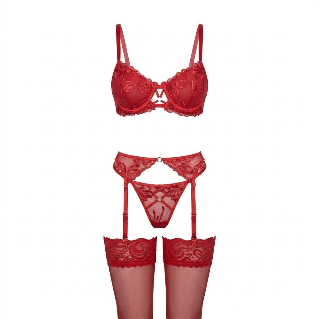 Embroidered Lace Underwired Four Piece Lingerie Set