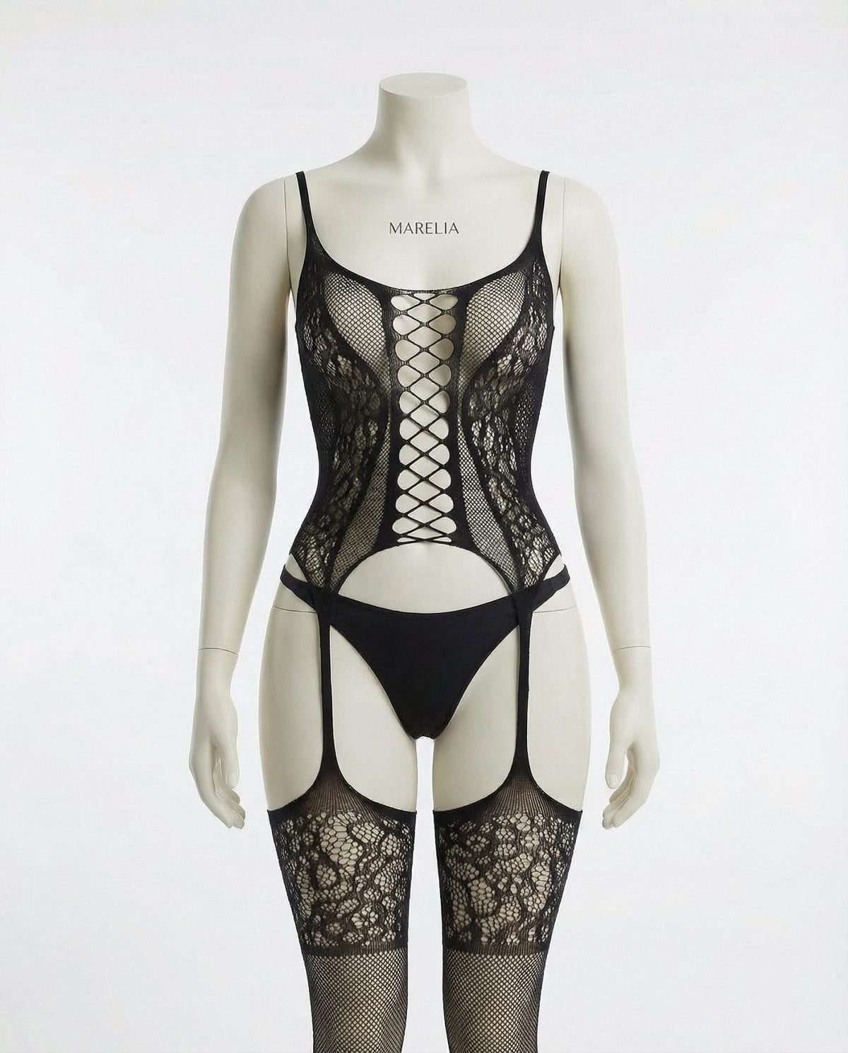 Fishnet Lace Teddy With Garter Straps And Stockings Set