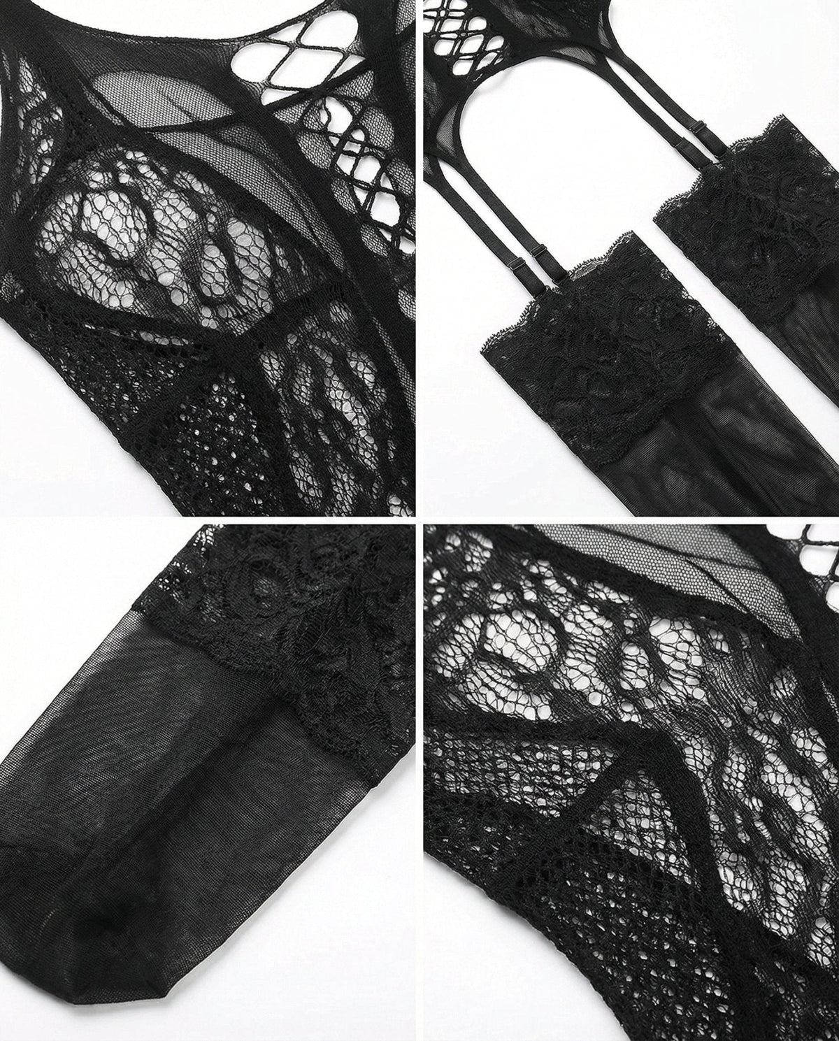 Fishnet Lace Teddy With Garter Straps And Stockings Set